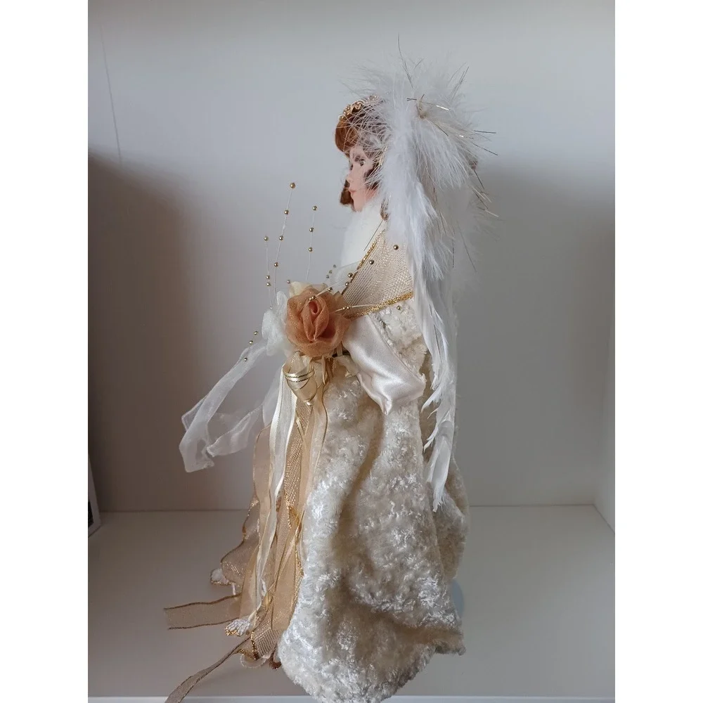 Vintage Porcelain Doll In Gold And White Dress With Wings Collectible Toy